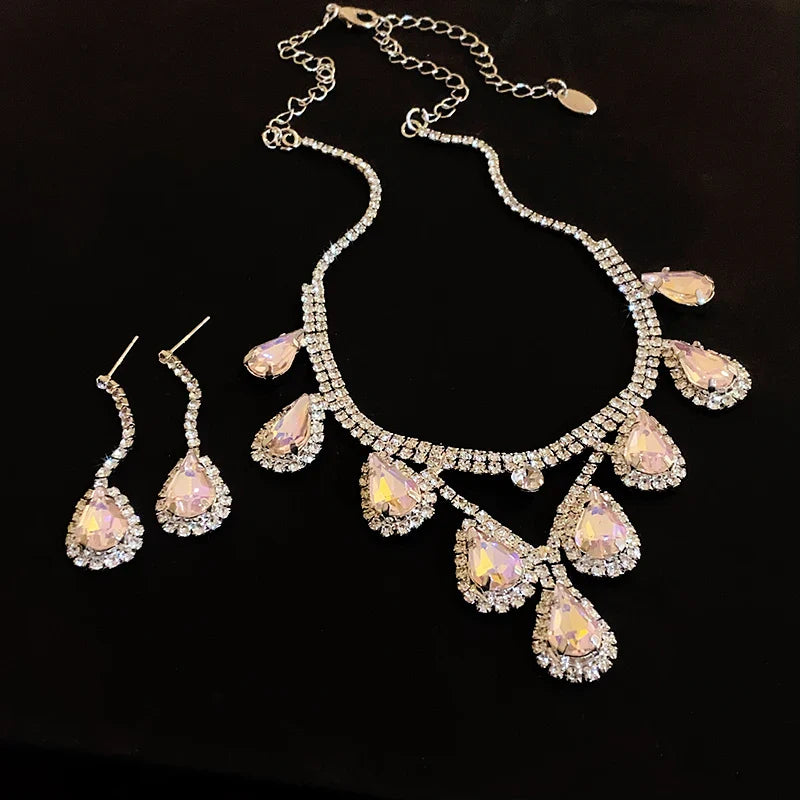 Large Water Drop Rhinestone Necklace and Earrings Set for Women Bridal Wedding Party Jewelry