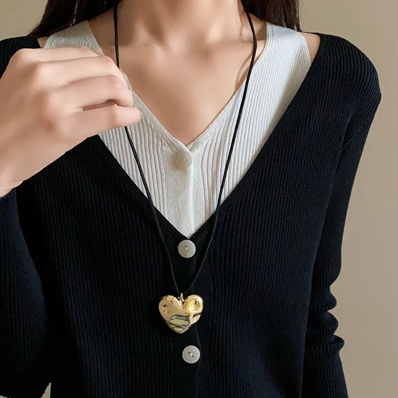 Punk Large U-Shape Geometric Pendant Necklace for Men and Women Adjustable Leather Rope Sweater Chain Jewelry