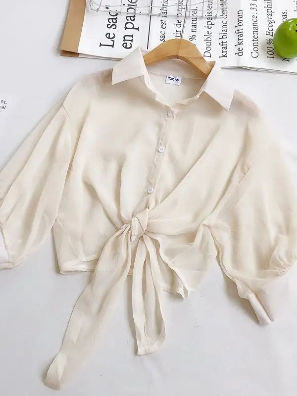 Women Buttoned Up Chiffon Blouse Tied Waist Crop Top Office Lady Shirt Thin and Lightweight
