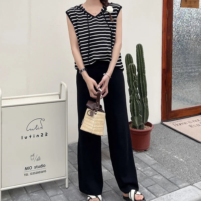 Women Casual Summer V-Neck Striped Tank Top and High Waist Wide Leg Pants Set