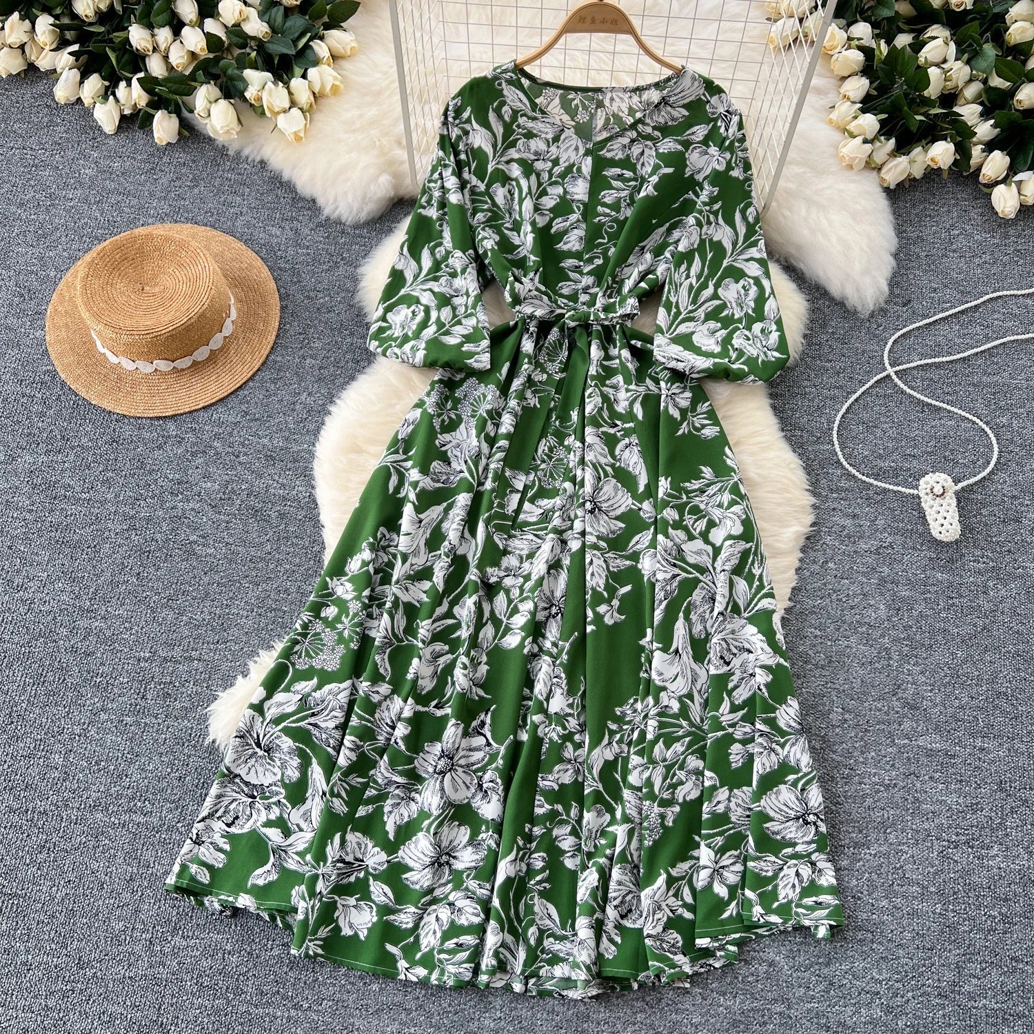 Boho Floral Print Pleated Maxi Dress With Puff Sleeves Belt