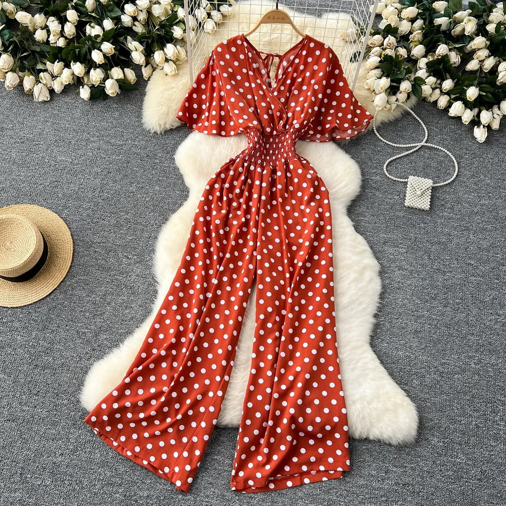 Elegant Polka Dot Romper for Women V-Neck Short Sleeve High Waist Wide Leg Jumpsuit Loose Fit Summer Playsuit