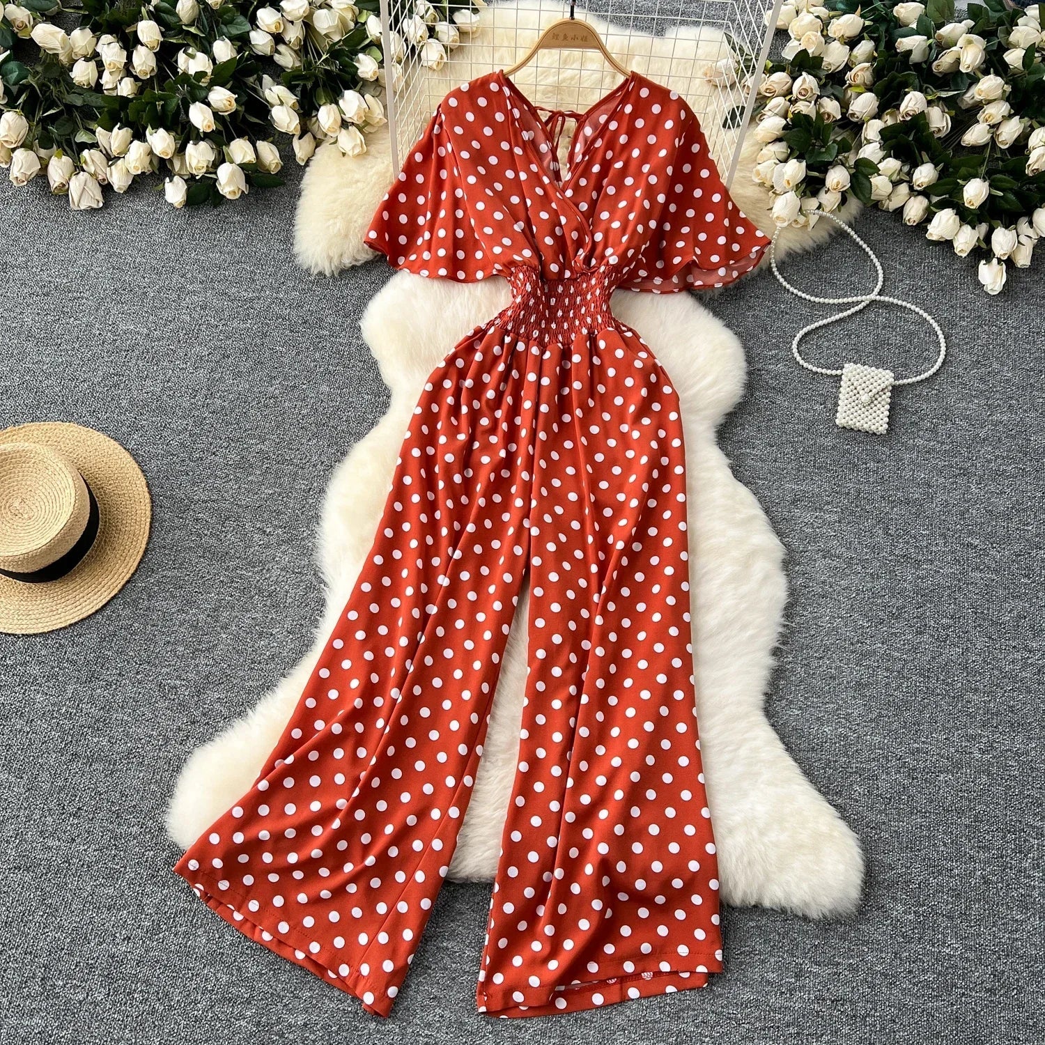 Elegant Polka Dot Romper for Women V-Neck Short Sleeve High Waist Wide Leg Jumpsuit Loose Fit Summer Playsuit