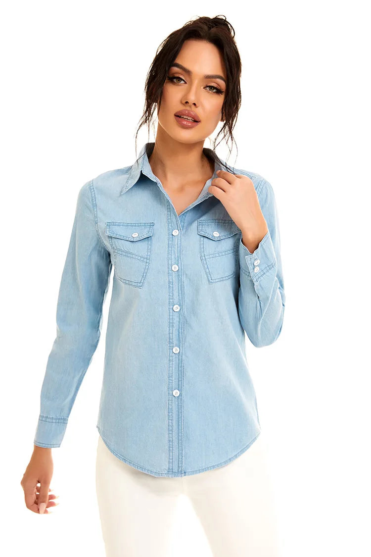 Light Blue Slim Fit Cotton Denim Shirt for Women Long Sleeve Casual Thin Jeans Blouse Top