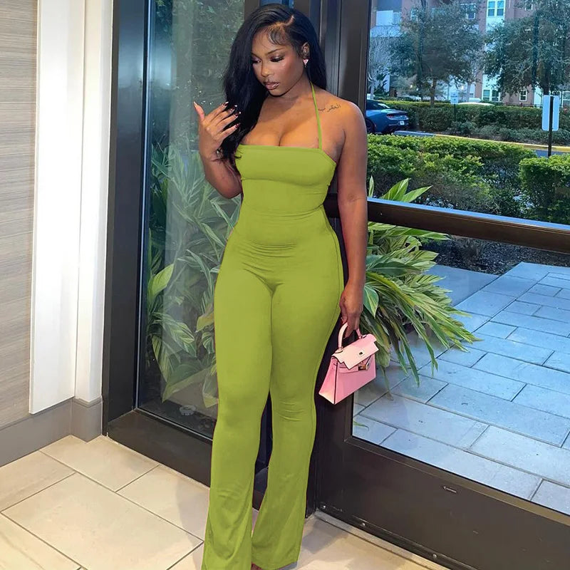 Sleeveless Halter Backless Bodycon Jumpsuit with Flare Pants Casual Rompers for Women Streetwear Festival Outfit