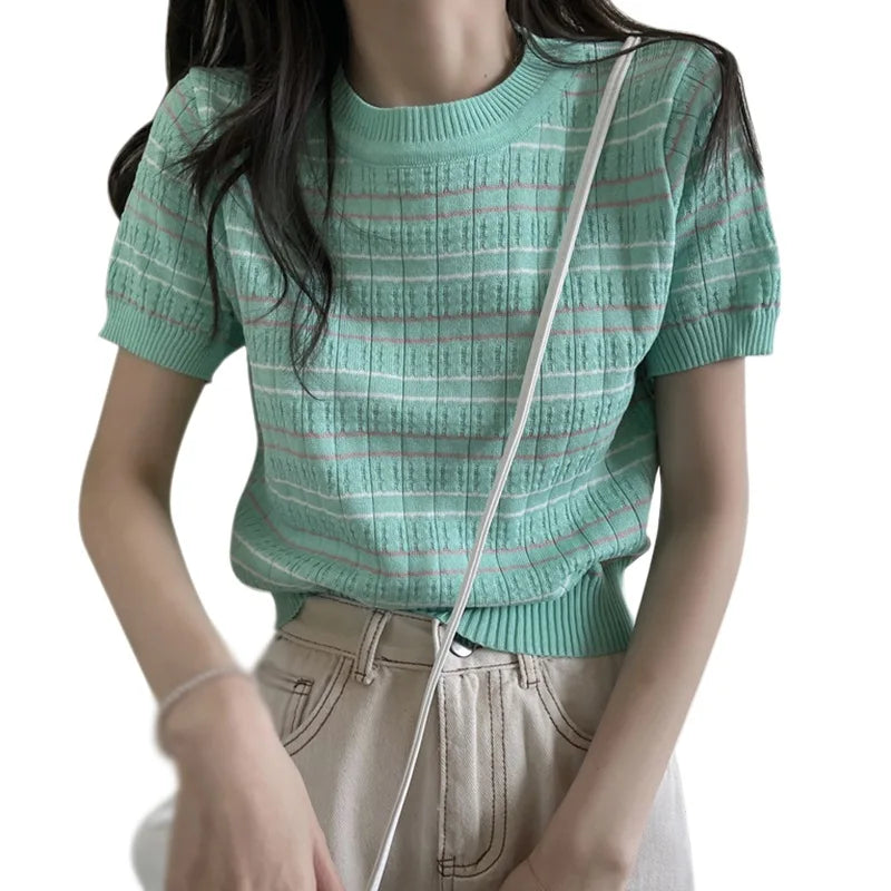 Summer Striped Women's Knitted Crop Top Casual O-Neck Short Sleeve T-Shirt Preppy Style Tees