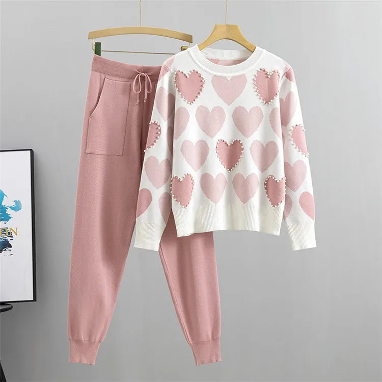 Chic Women's Knit Sweater 2-Piece Set with Embroidered Beaded Heart Pullover and Spring Harem Pants Sporty Tracksuit Lounge Ensemble