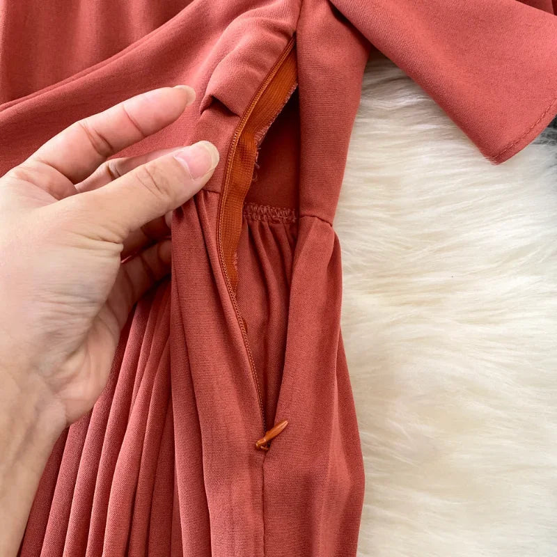 Summer V-Neck Pleated Dress With Lace Up Waist Long Skirt