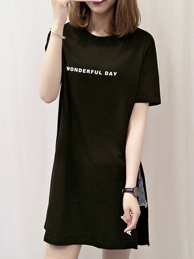 Summer Women Loose Fit T Shirt with Slit - Stylish Short Sleeve Top for Casual Wear
