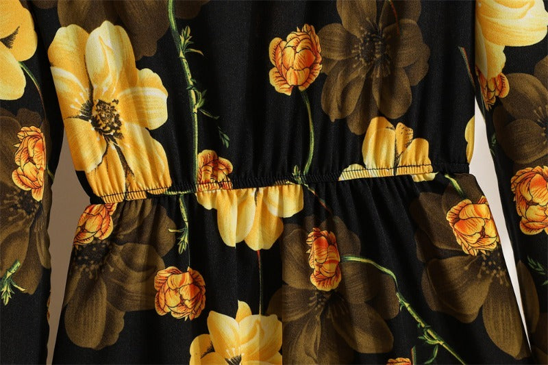 Bohemian Floral Maxi Dress High Waist Chiffon Long Sleeves