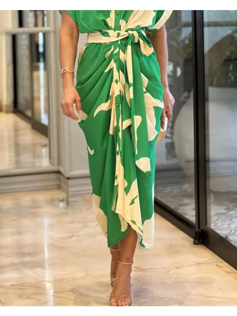 Womens Summer Casual Printed Dress With Flip Collar Belt