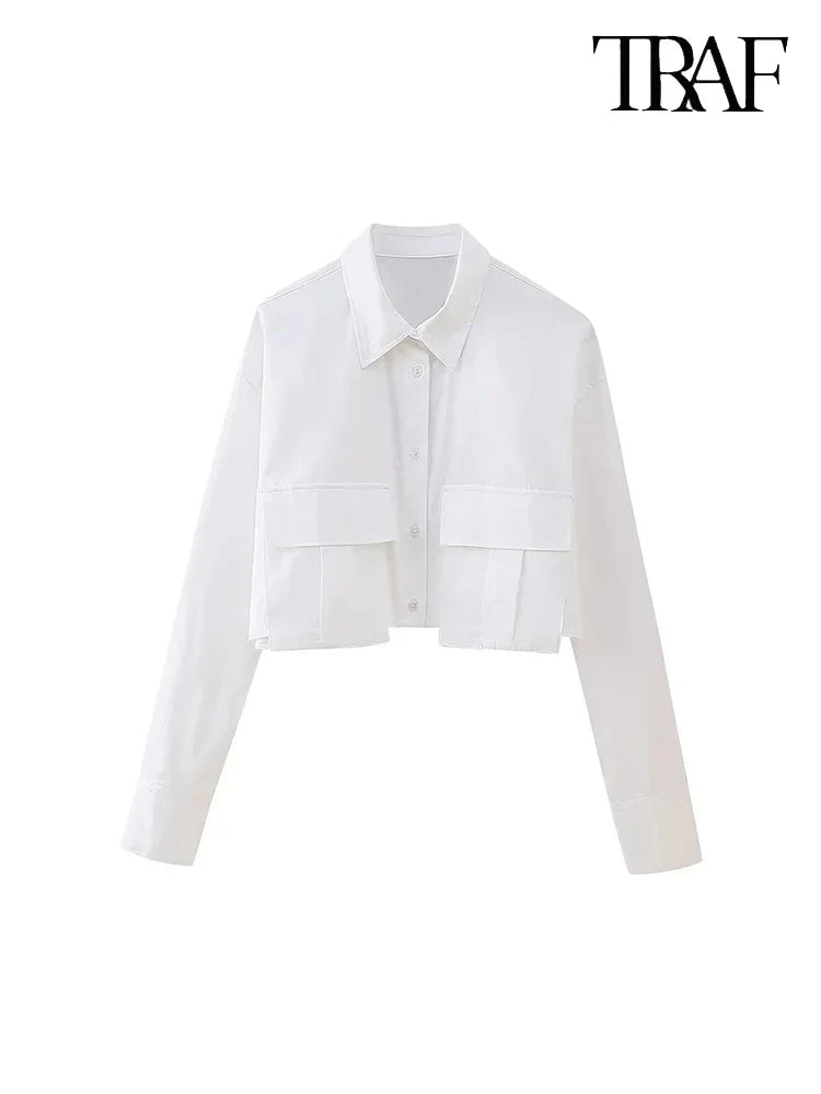 Women's Vintage Lapel Collar Patch Pocket Shirt Long Sleeve Single Breasted Casual Blouse Street Style Top