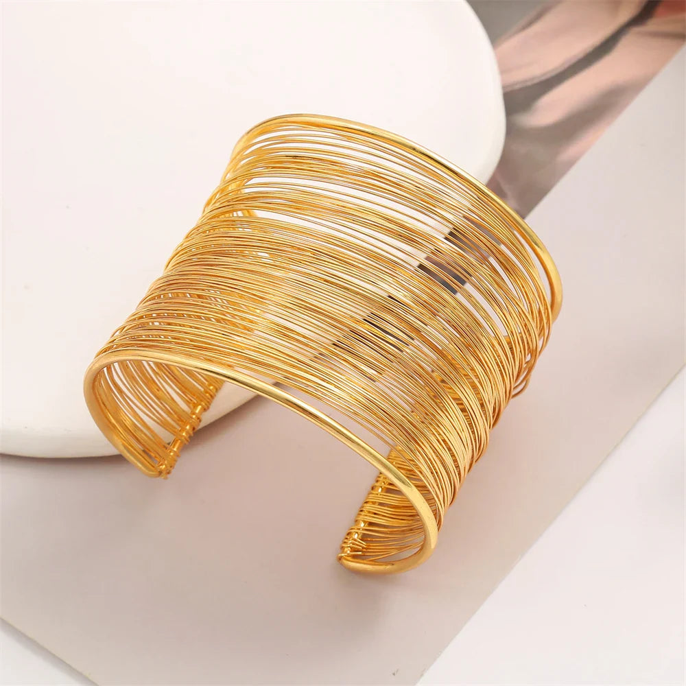 Vintage Hyperbolic Layered Gold Plated Wide Wire Cuff Bracelet for Women Chunky Wrist Wrap Jewelry Gift