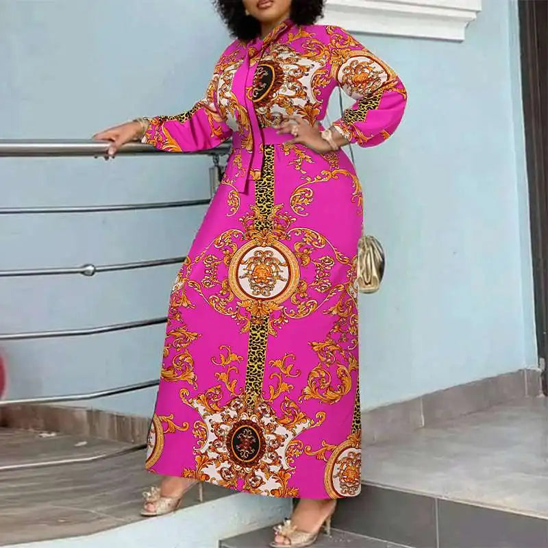 Bohemian Maxi Dress Belted Sundress For Party Long Sleeve