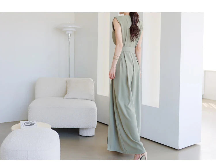 Elegant Women's Business Jumpsuit O-Neck Wide Leg Split Trousers Long Casual Workwear Romper
