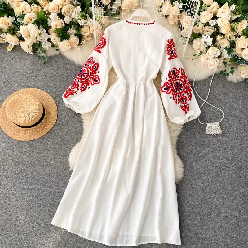 Bohemian Embroidered Floral Dress With Lantern Sleeve