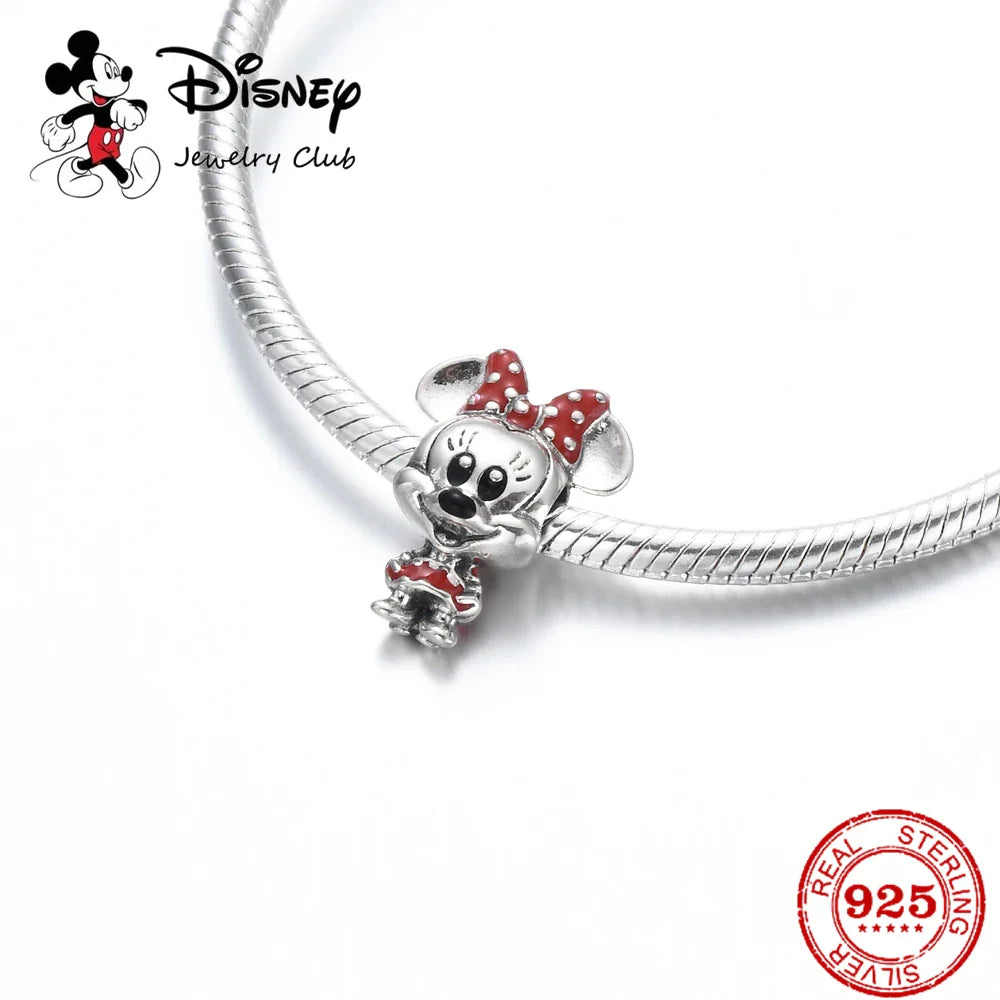 925 Sterling Silver Mickey Minnie Charm Beaded Fit Snake Bracelet DIY Ladies Jewelry