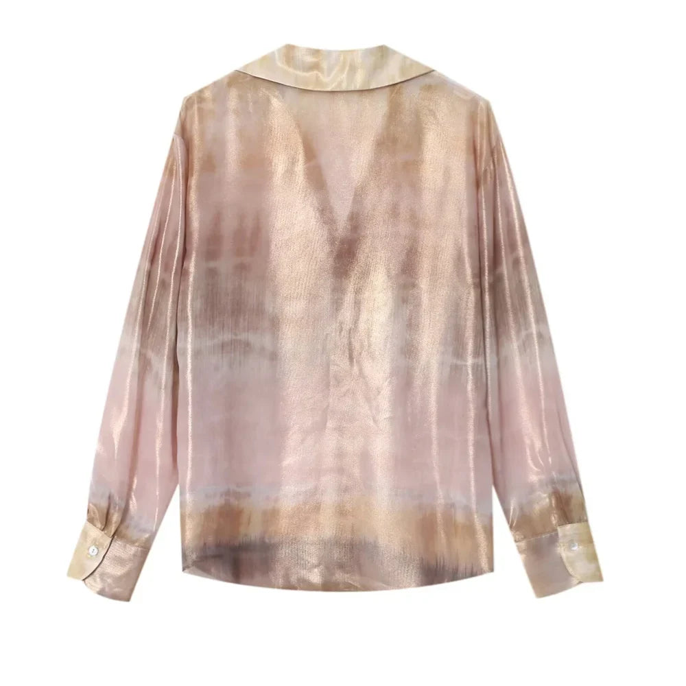 Casual Women's Long Sleeve Collar Shirt with Metal Foil Tie Dye Print Slimming Fashion Top