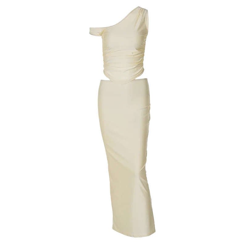 Elegant Summer Two Piece Set Women Solid One Shoulder Crop Tank Top and Maxi Skirt Dress for Birthday Party Festival