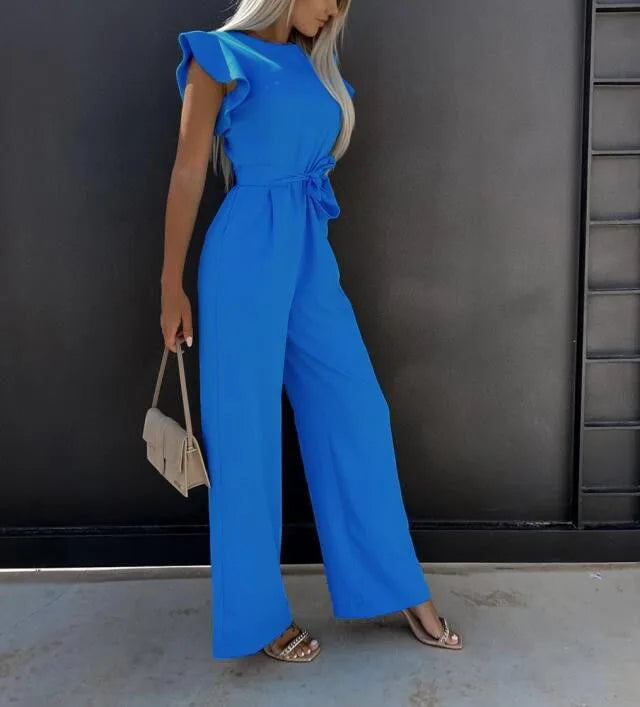 Elegant Lace Up High Waist Jumpsuit for Women with Straight Leg and Ruffle Edge Sleeves in Solid Color