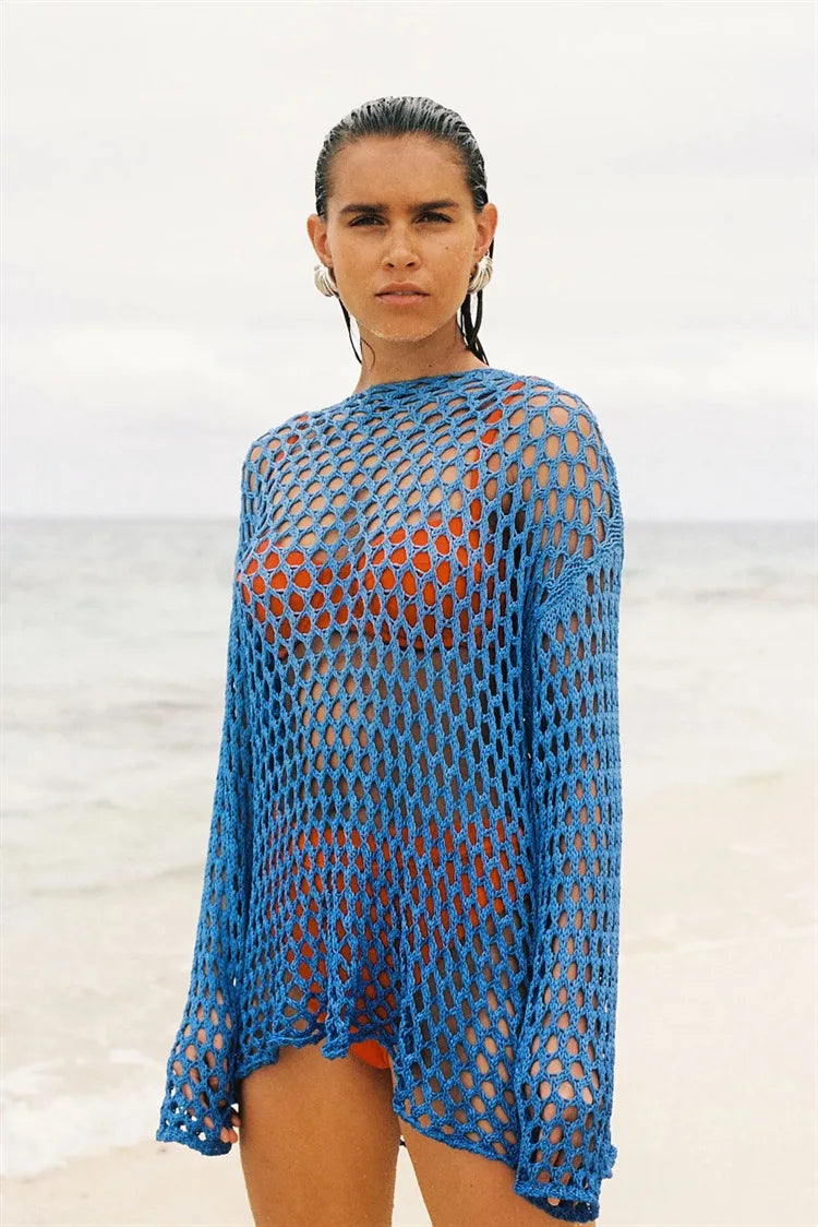Knit Hollow Out Beach Cover Up Dress See Through For Women