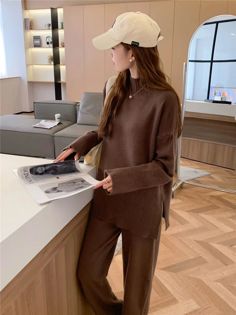 Fashionable Women's Split Sweater Set with Casual Pants in Solid Color Knitted Design