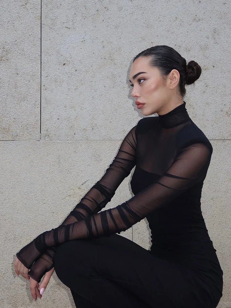 Mesh Patchwork See Through Dress For Women Turtle Neck