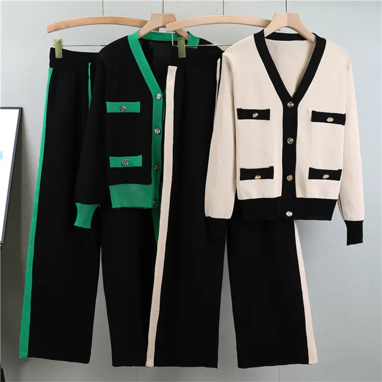 Women's Knitting V-Neck Cardigan and Wide Leg Pants 2-Piece Sweater Suit for Autumn and Winter Fashion