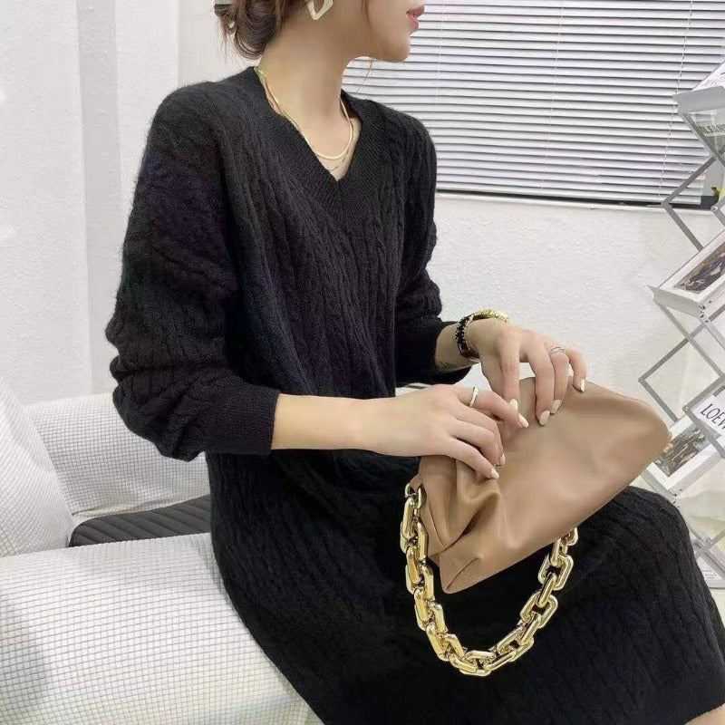 Autumn Knit Sweater Dress Long Sleeve V Neck Women