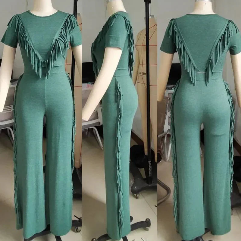Tassel Two Piece Set for Women Casual Streetwear T-Shirt Top and Flare Pants Tracksuit