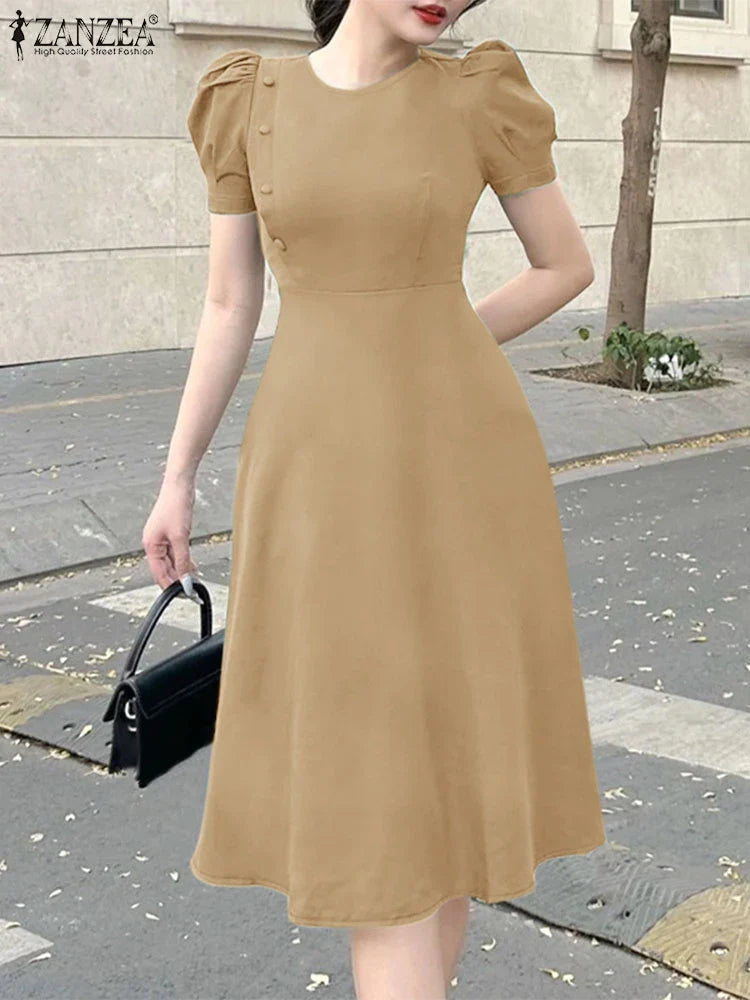 Elegant Short Puff Sleeve A Line Sundress for Office