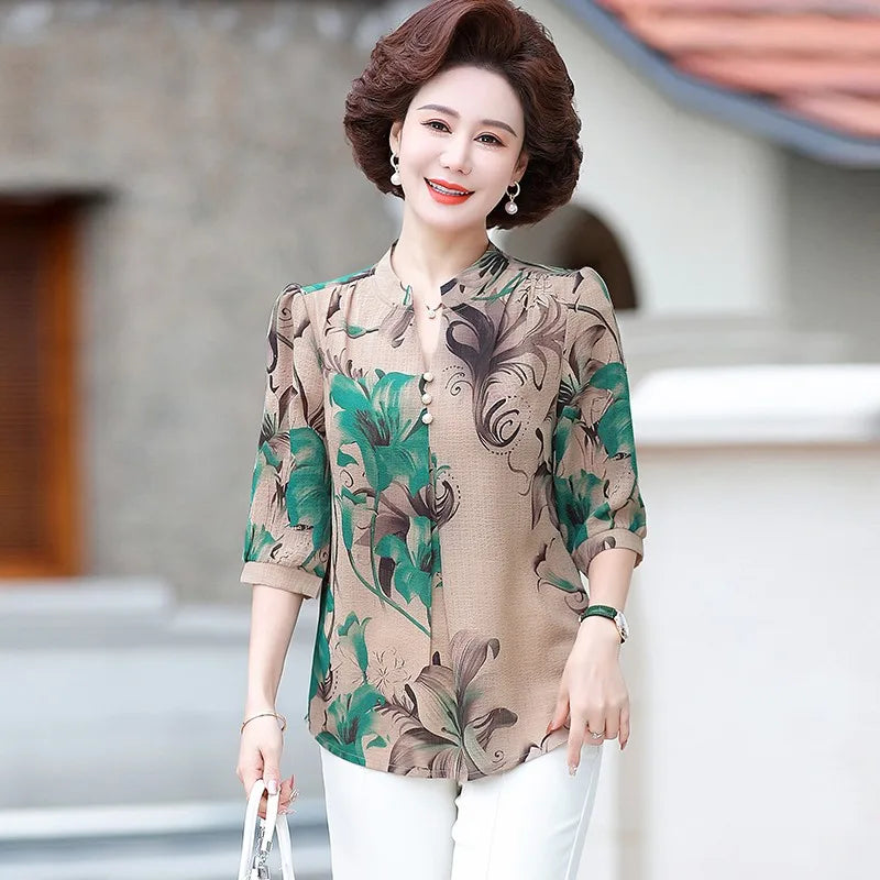Summer Vintage Floral Blouse for Women Single-Breasted Round Neck Half Sleeve Casual Shirt with Broken Flower Print