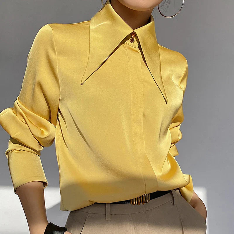 Elegant Turn Down Collar Satin Silk Blouse Vintage Button Closure White Lantern Sleeve Office Lady Shirt Chic Feminine Top