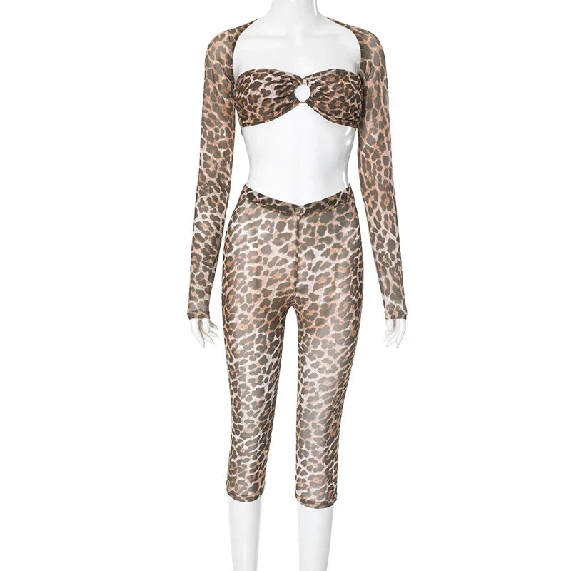 Leopard Print Mesh Long-Sleeved See-Through Sexy Set with Lace-Up Bustier, Short Shawl and Elastic Waist Pants
