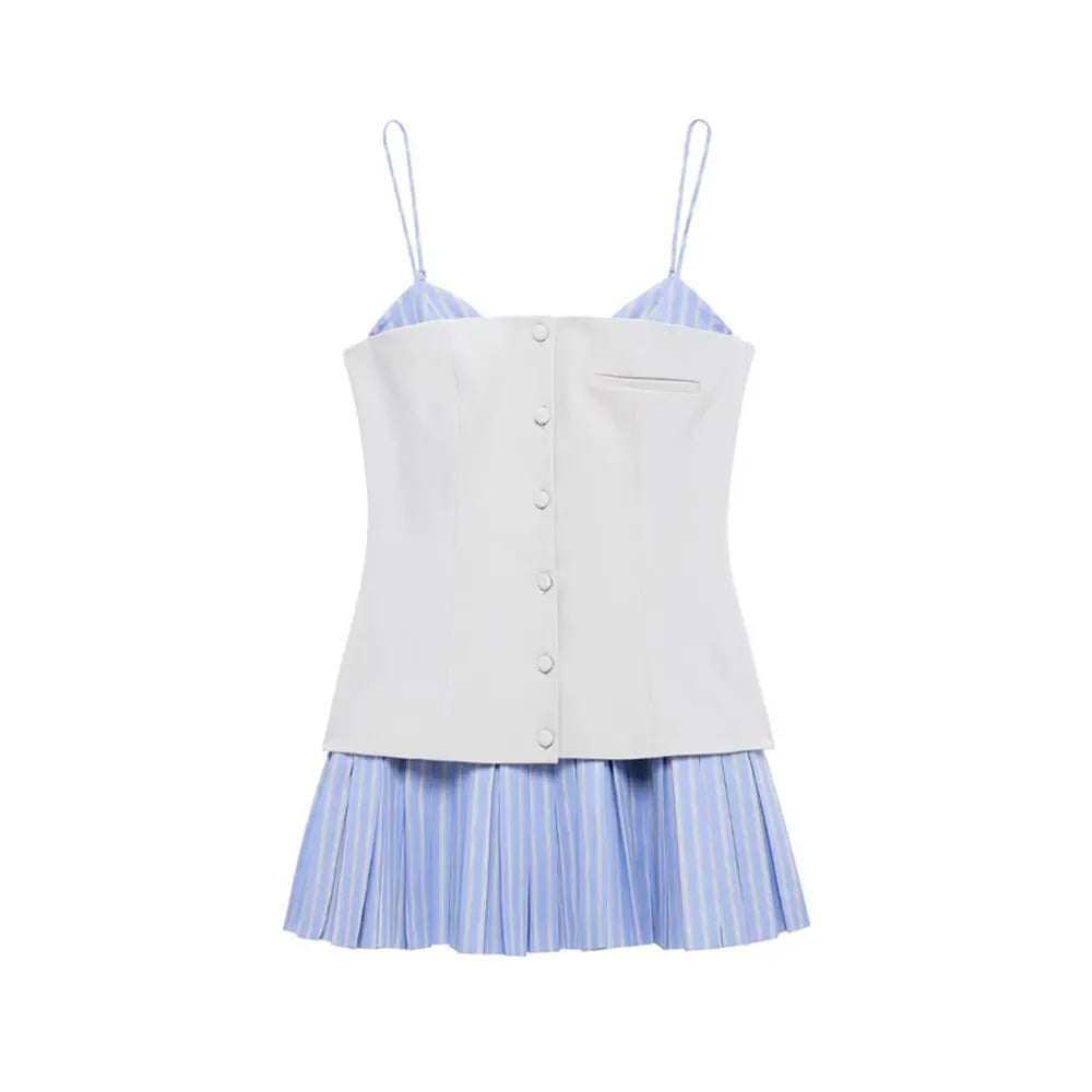 Patchwork Mini Dress With Adjustable Straps Front Buttons