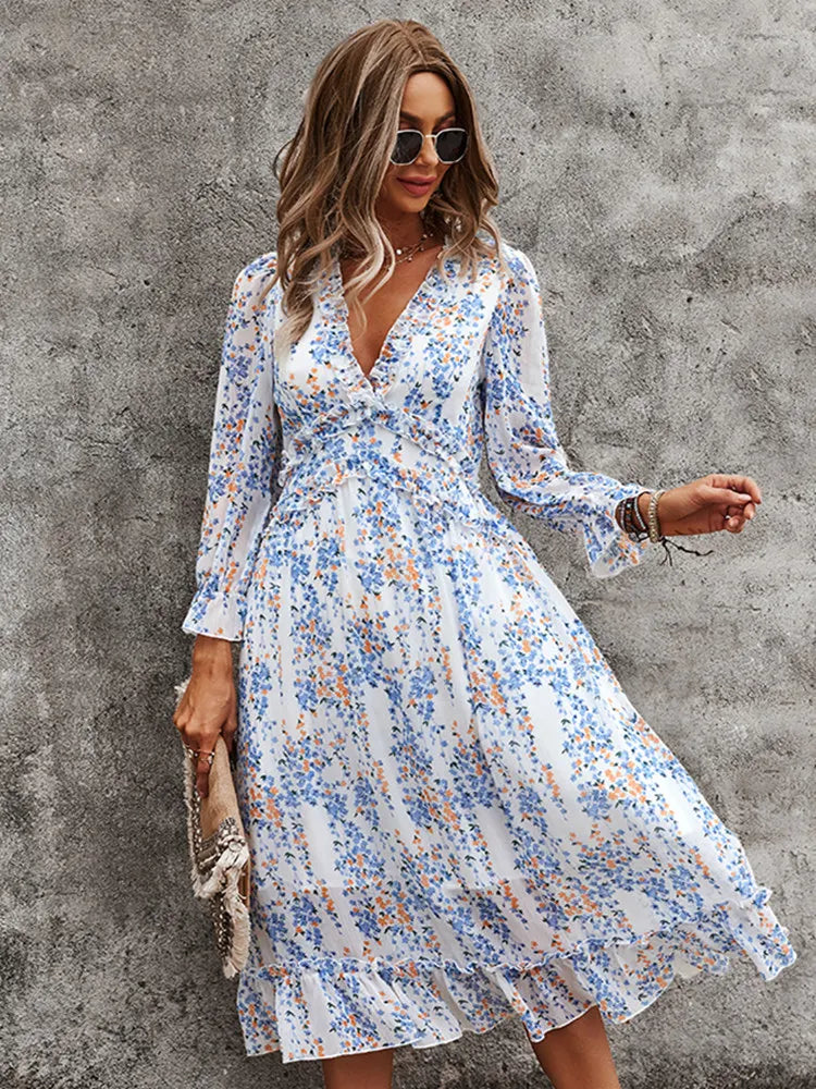 Floral Chiffon Maxi Dress With V Neck And Butterfly Sleeves