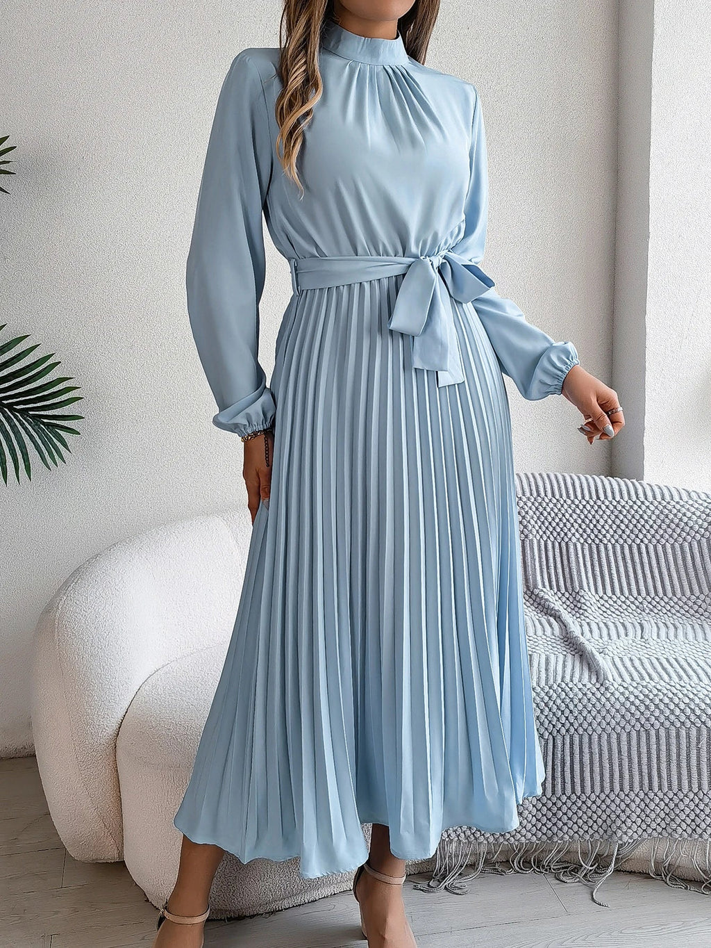 Elegant Pleated Lace Up Long Sleeve Maxi Dress For Spring