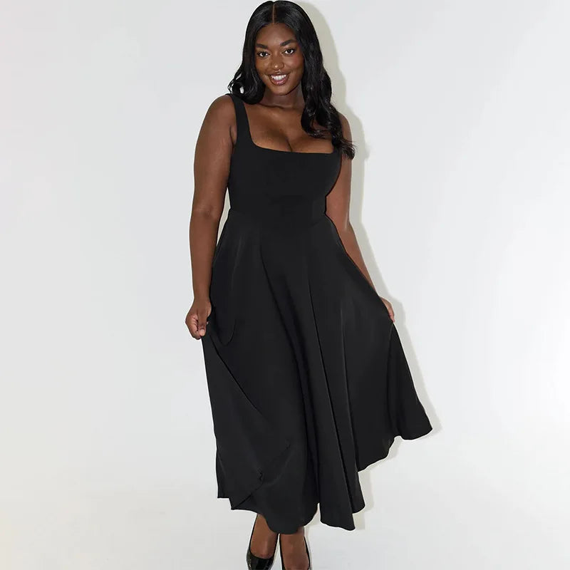 Solid Square Neck Sleeveless Suspender Dress For Women Long