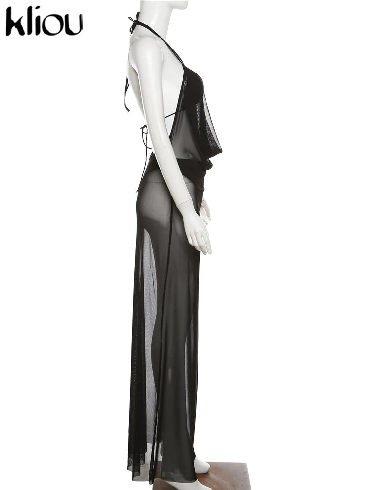 Mesh Halter Neck Two Piece Set For Women Sheer Swinging Crop Top With Solid Long Skirt Sexy Summer Midnight Outfit