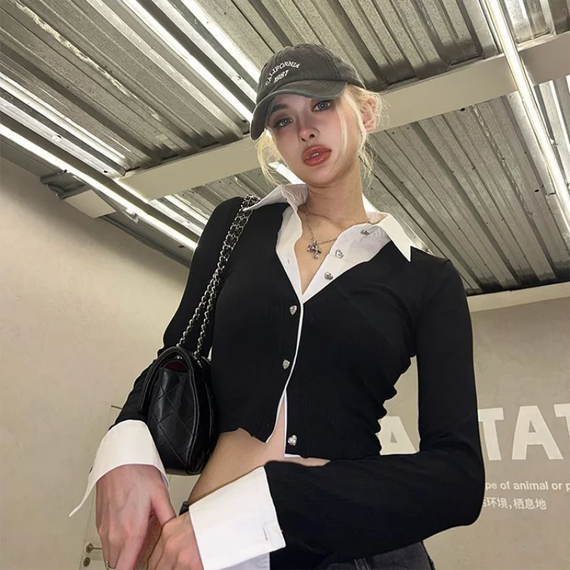 Y2K Two Piece Illusion Crop Top Women's Patchwork Slim Fit Long Sleeve Shirt Casual Streetwear Blouse for Spring and Autumn