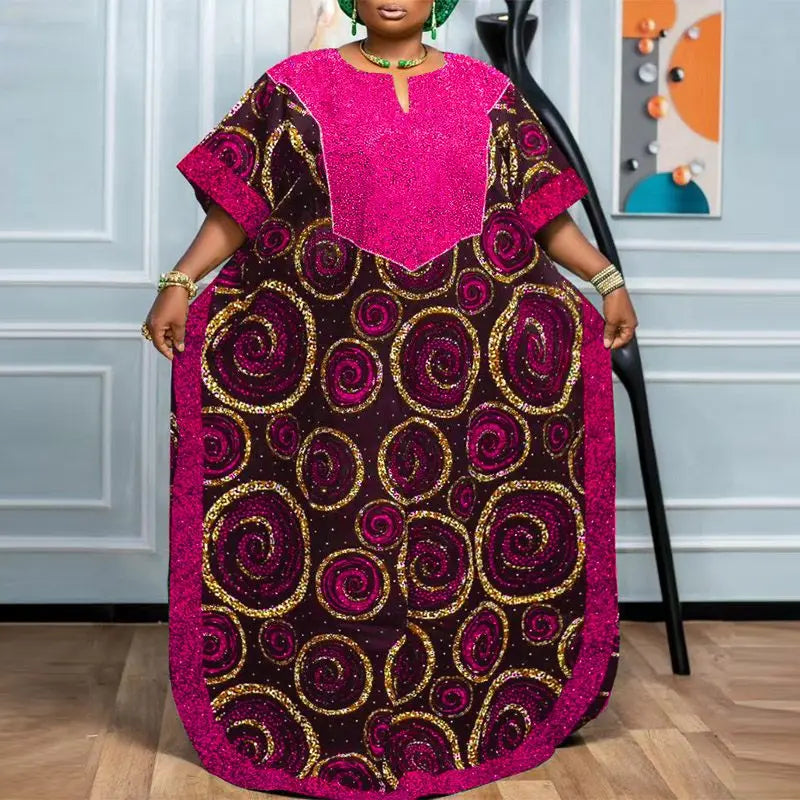 Bohemian Maxi Dress With Printed V Neck Bat Sleeve Casual