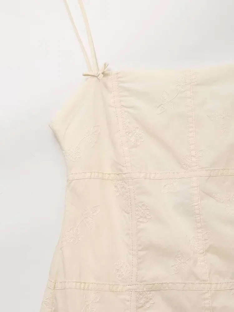 Floral Embroidery Bow Slip Mini Dress With Spaghetti Straps