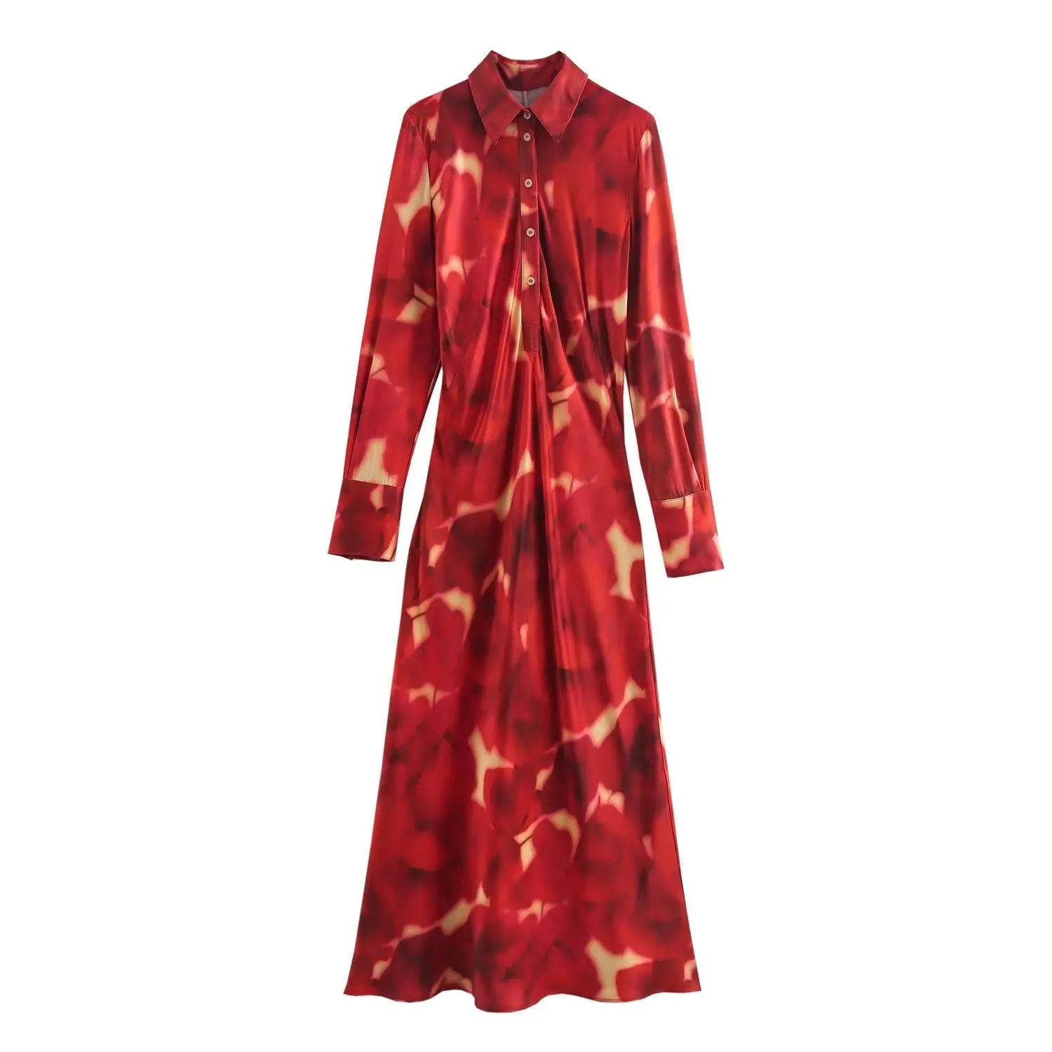 Elegant Printed Silk Satin Dress Autumn Slim Fit For Women
