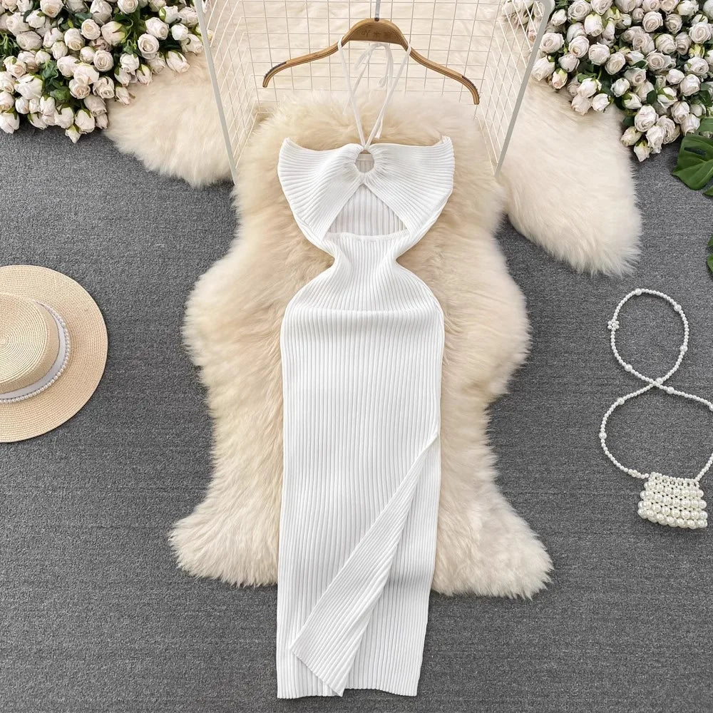 Y2K Knitted Halter Bodycon Dress For Party Streetwear