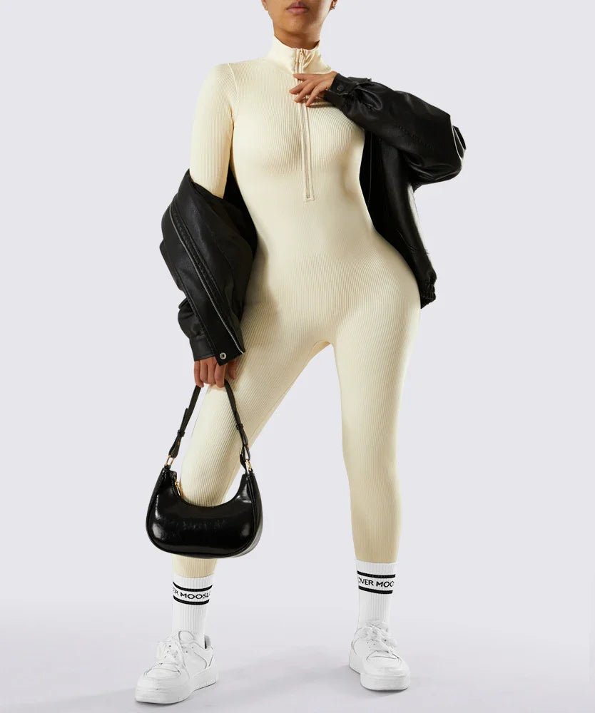 Women's Bodycon Jumpsuit Casual Fitness Rompers with Zipper Slim Fit Bodysuit Streetwear Activewear for Autumn and Winter