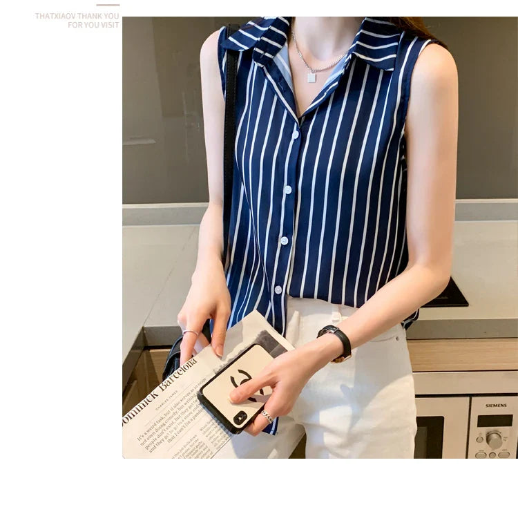 Striped Sleeveless Chiffon Blouse for Women Summer Vest Casual Lightweight Tops Basic White Shirt