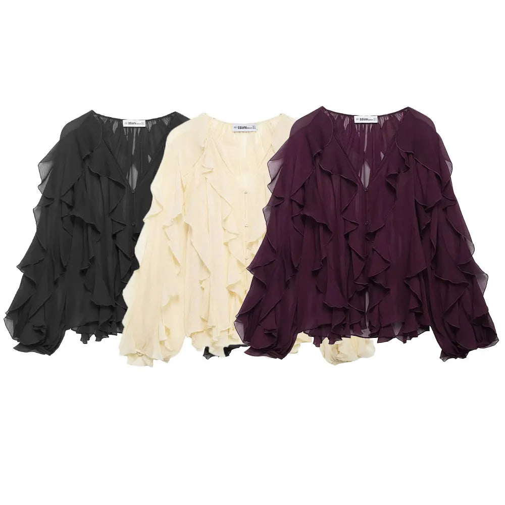 Women's Vintage V-Neck Ruffled Blouse Long Sleeve Solid Color Chic Fashion Top for Ladies