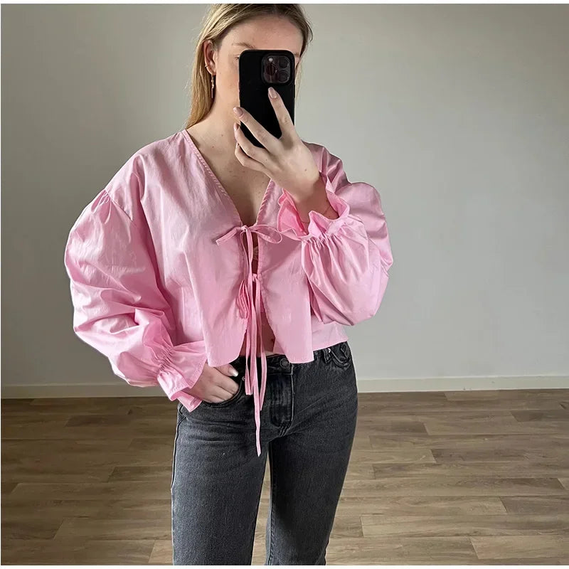 Elegant Solid Lace-Up V-Neck Blouse for Women with Lantern Sleeves and Hollow Out Detail Loose Fit Chic Female Shirt
