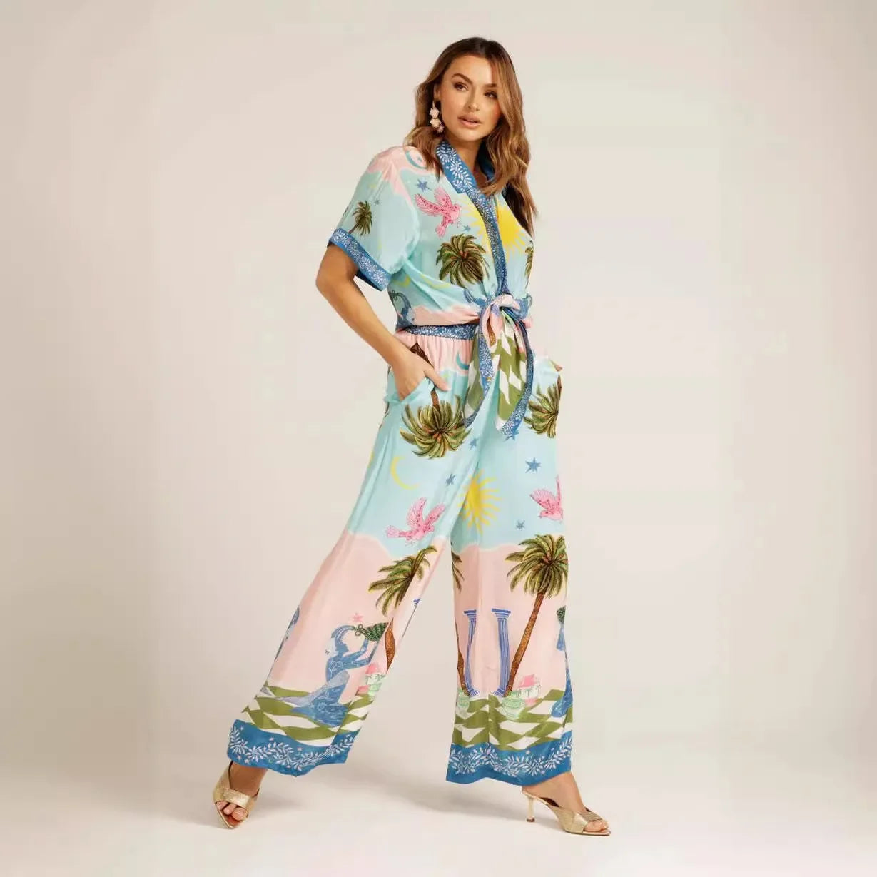 Summer Fashion 2 Piece Set for Women with Printed Half Sleeve Shirt and High Waisted Wide Leg Pants