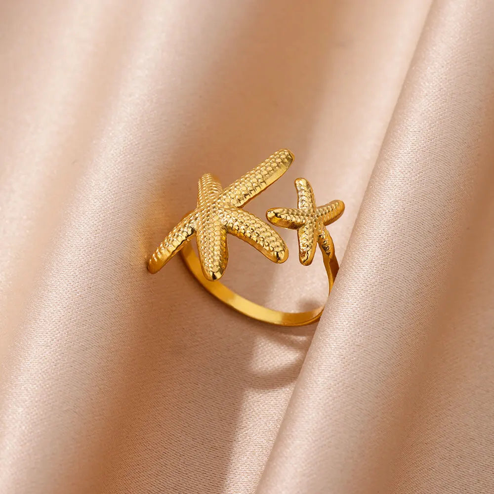 Gold Color Stainless Steel Starfish Open Adjustable Ring for Women Geometric Fashion Jewelry Gift